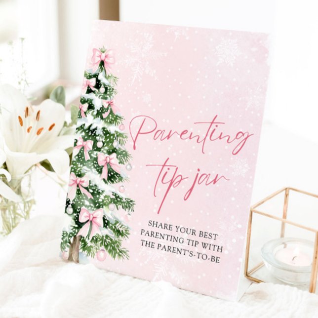 Pink Bows Christmas Tree Parenting Tip Jar Game Pedestal Sign (Pink Bows Christmas Tree Parenting Tip Jar Game Sign)