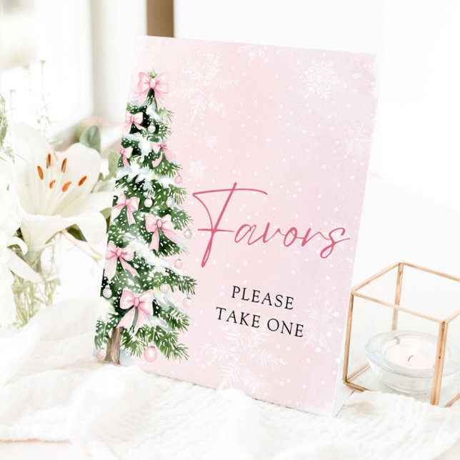 Pink Bows Christmas Tree Winter Baby Shower Favour Pedestal Sign (Pink Bows Christmas Tree Winter Baby Shower Favors Sign)