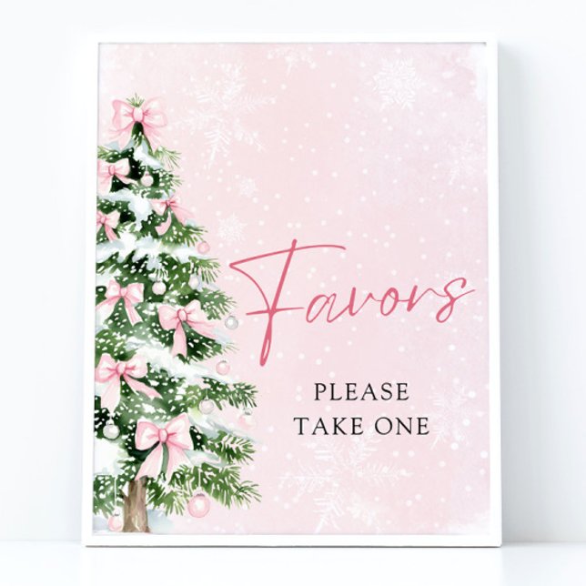 Pink Bows Christmas Tree Winter Baby Shower Favour Poster (Pink Bows Christmas Tree Winter Baby Shower Favors Sign)