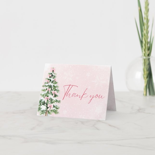 Pink Bows Christmas Tree Winter Thank you card (Front)