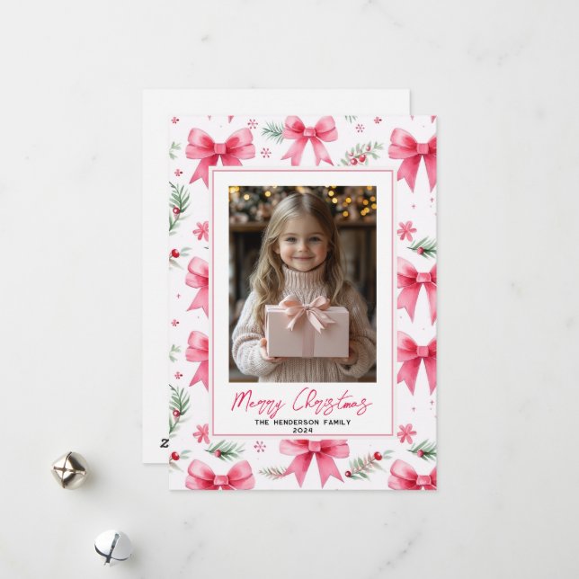 Pink Bows Custom Christmas Photo & Name Holiday Card (Front/Back In Situ)
