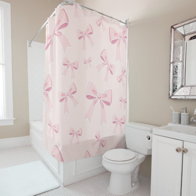 Pink Bows Cute Coquette Cottage Chic Shower Curtain (In Situ)