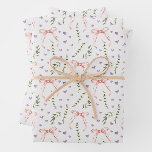 Pink Bows Floral Birthday Shower Wedding Wrapping Paper Sheet (In situ)