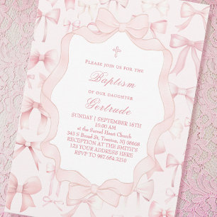 pink bows frame Baptism Invitation