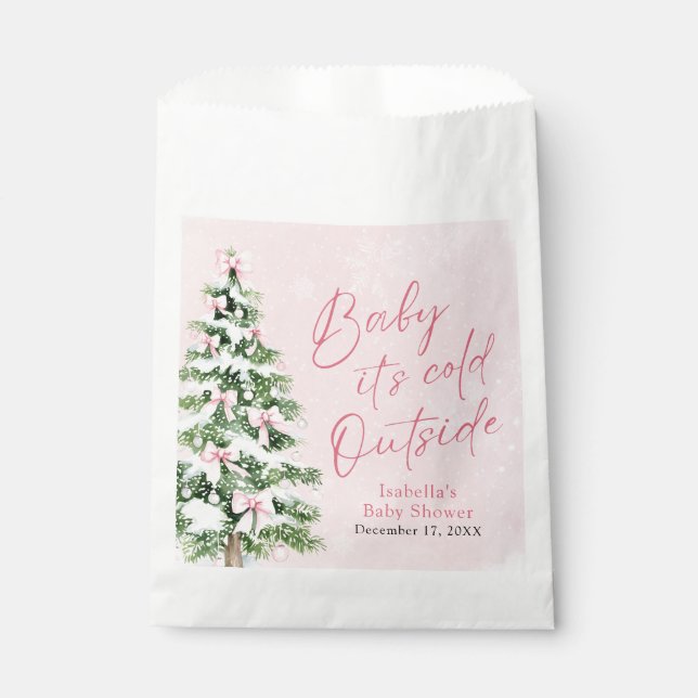 Pink Bows Girl Baby It's Cold Outside Baby Shower Favour Bags (Front)