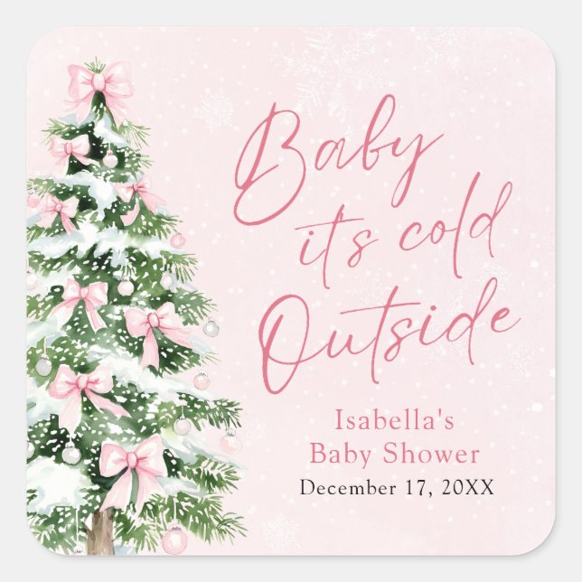 Pink Bows Girl Baby It's Cold Outside Baby Shower Square Sticker (Front)