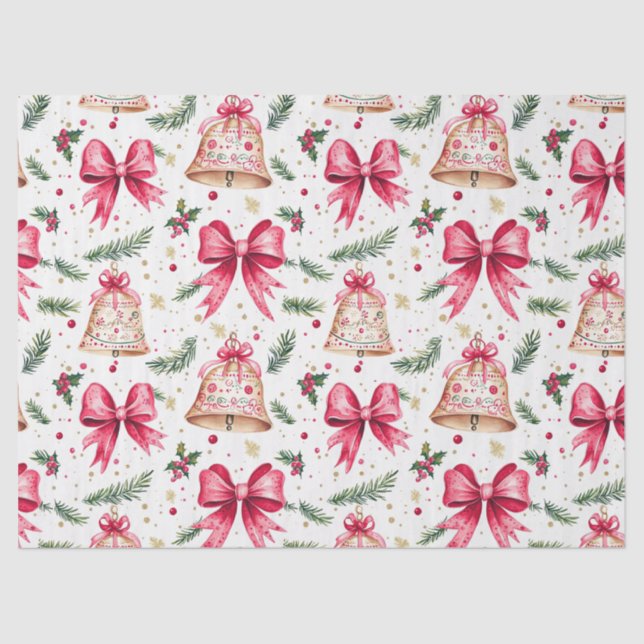 Pink Bows Gold Bells Christmas Tissue Paper (Front)