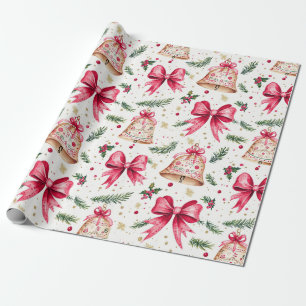 Pink Bows Gold Bells Christmas Wrapping Paper