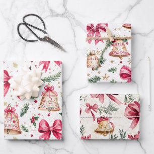 Pink Bows Gold Bells Christmas Wrapping Paper Sheet