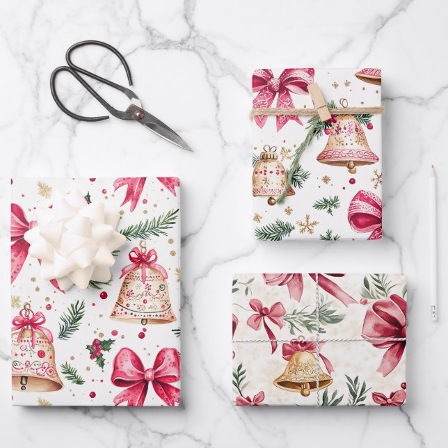 Pink Bows Gold Bells Christmas Wrapping Paper Sheet (Front)
