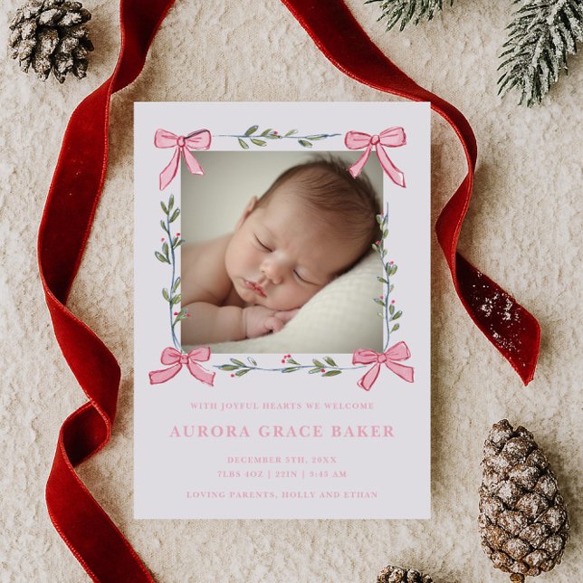 Pink Bows Greenery Christmas Berries Baby Announcement (Creator Uploaded)