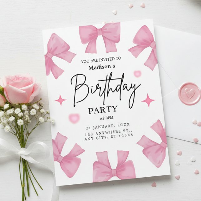 Pink Bows & Hearts Girl's Birthday Party  Invitation (Creator Uploaded)
