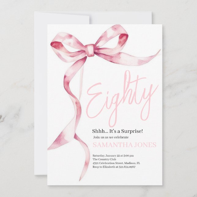 Pink Bows Modern Eighty 90th Birthday Party Invitation (Front)