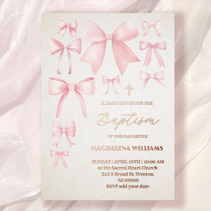 Pink bows pattern Baptism Foil Invitation