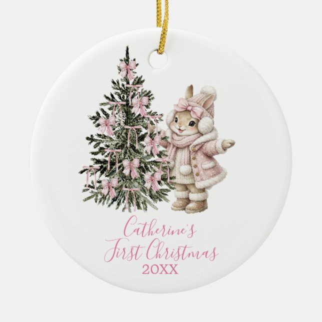 Pink Bows Pine Tree Christmas Bunny Winter Ceramic Tree Decoration (Front)