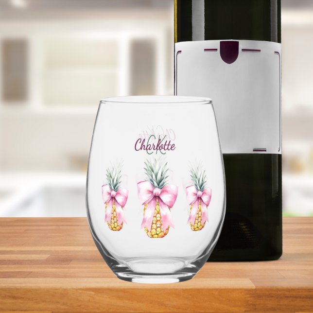 Pink bows pineapples tropical summer monogram stemless wine glass (Creator Uploaded)