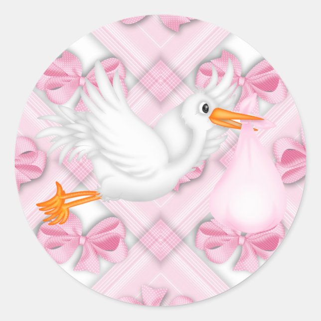 Pink Bows Pink Stork Baby Shower Stickers (Front)