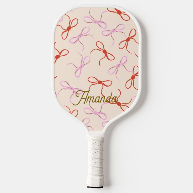Pink Bows - Preppy Red and Pink Coquette Aesthetic Pickleball Paddle (Back)