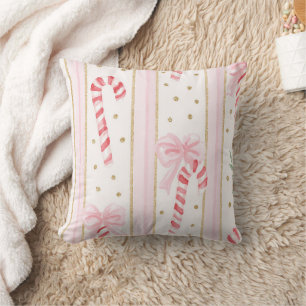 Pink Bows Stripes Bows Gold Glitter Candy Canes Cushion
