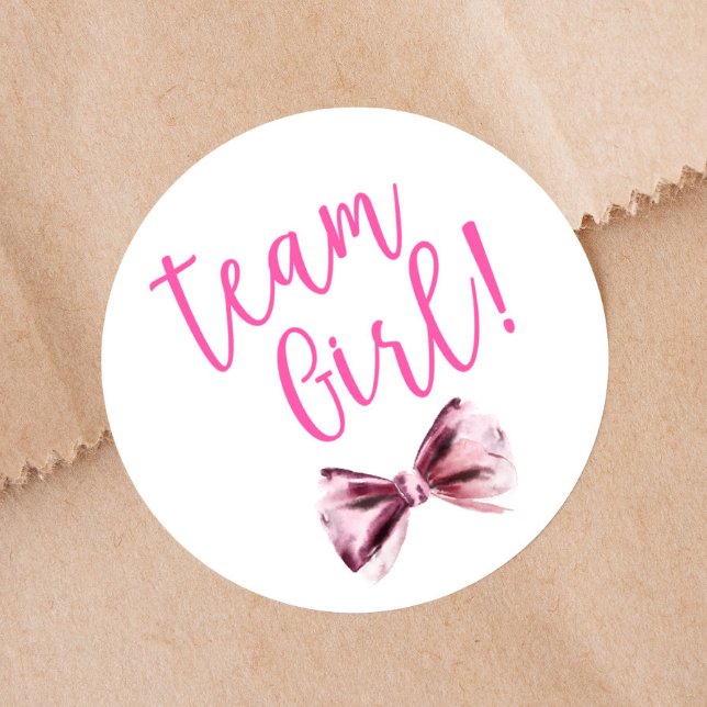Pink Bows Team Girl Gender Reveal Party  Classic Round Sticker (Creator Uploaded)