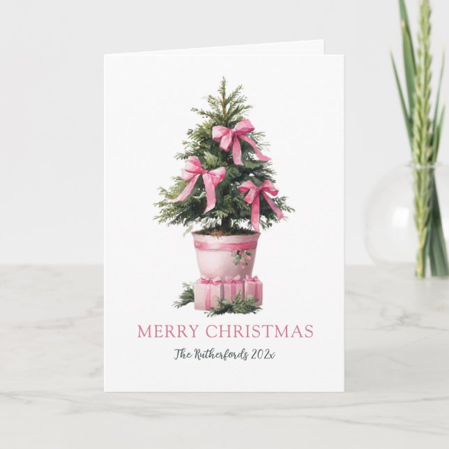 Pink Bows Tree Merry Christmas Card (Front)