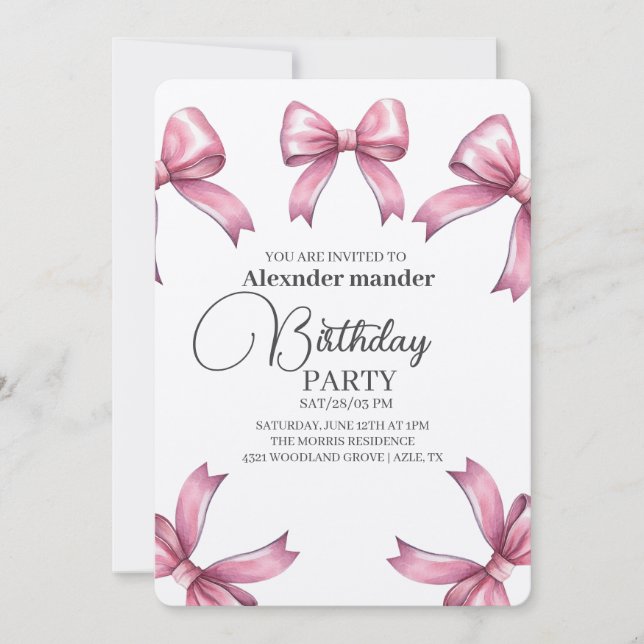 Pink Bows Trendy Girl Birthday Party Invitation (Front)