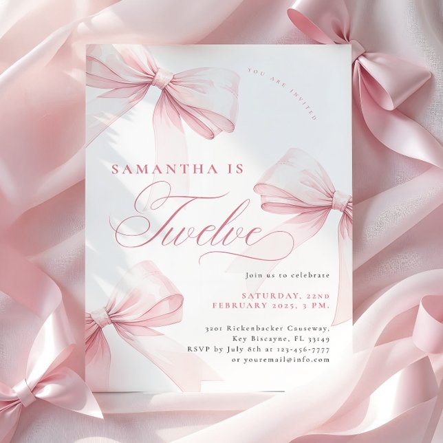 Pink Bows Twelve Birthday Invitation (Creator Uploaded)