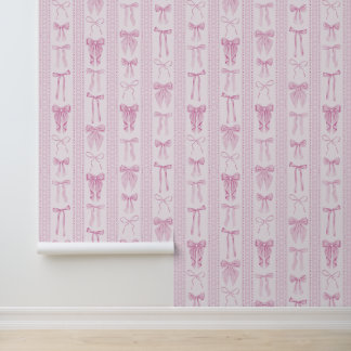 Pink Bows with Lace Vertical Stripes Wallpaper