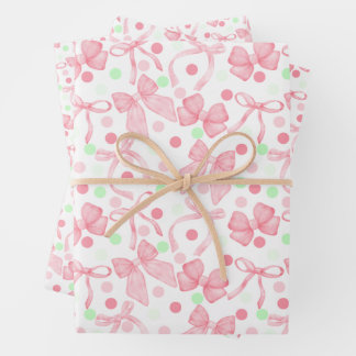 Pink Bows with Pink & Green Dots Wrapping Paper Sheet