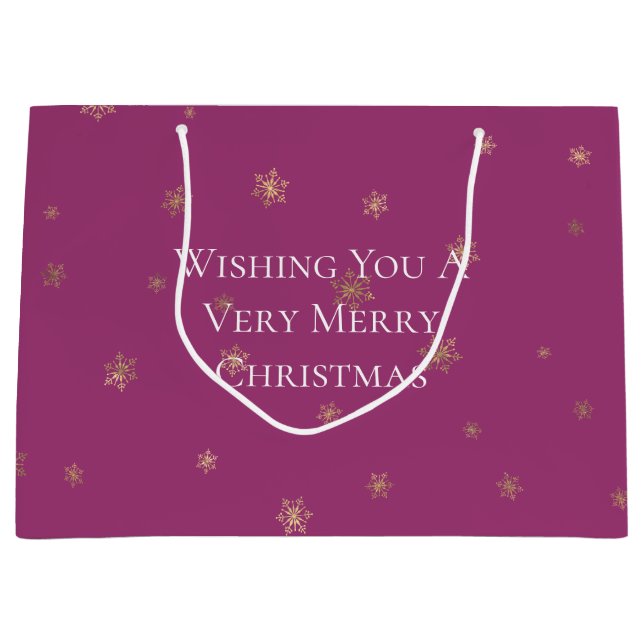 Pink Boysenberry Christmas Gold Snowflakes Large Gift Bag (Front)
