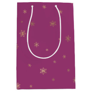 Pink Boysenberry Christmas Gold Snowflakes Medium Gift Bag