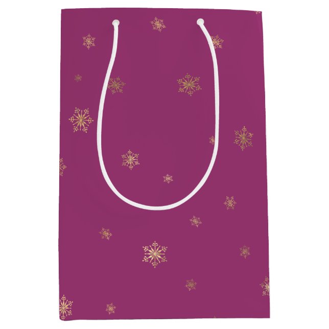 Pink Boysenberry Christmas Gold Snowflakes Medium Gift Bag (Front)