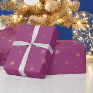 Pink Boysenberry Christmas Gold Snowflakes Wrapping Paper