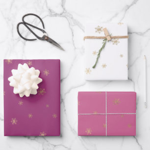 Pink Boysenberry Christmas Gold Snowflakes Wrapping Paper Sheet