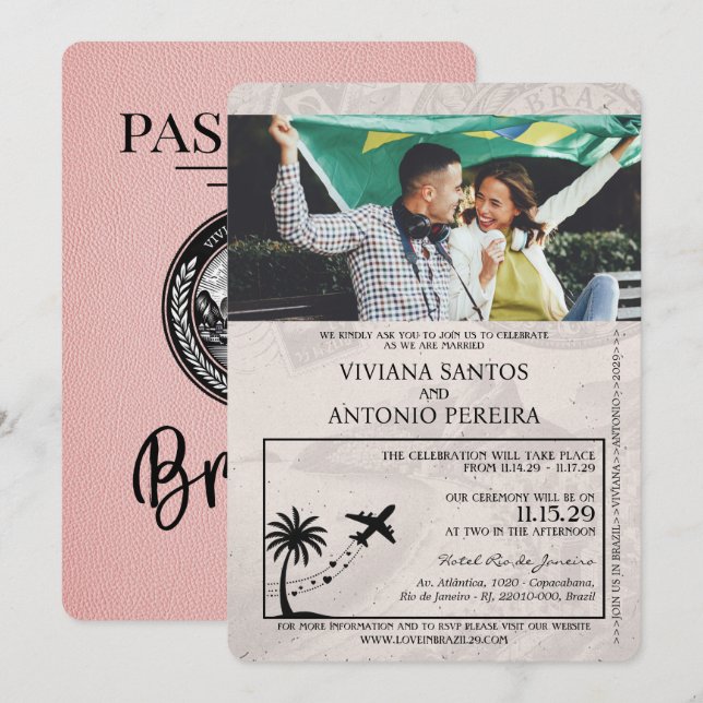 Pink Brazil Passport Wedding Invitation (Front/Back)