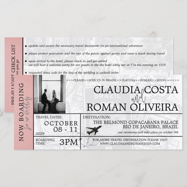 Pink Brazil Wedding Boarding Pass Invitation (Front/Back)