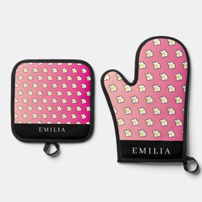 Pink Breakfast Fried Eggs Name Oven Mitt & Pot Holder Set (Front)