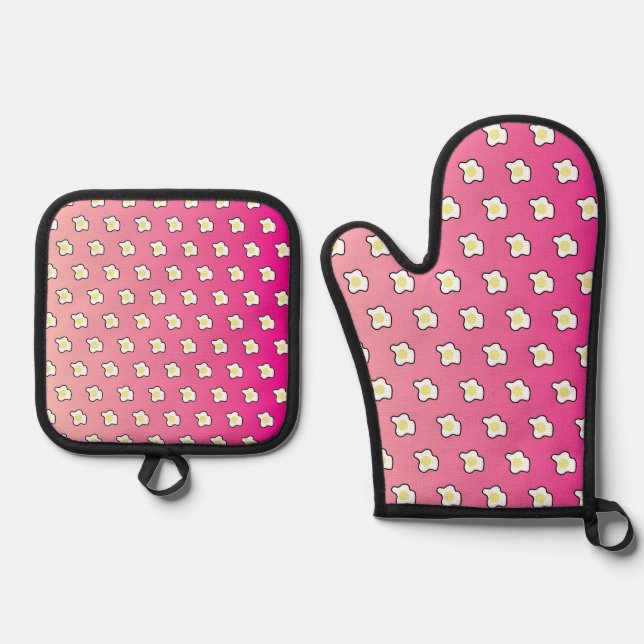 Pink Breakfast Fried Eggs  Oven Mitt & Pot Holder Set (Front)