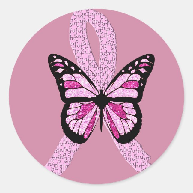 Pink Breast Cancer Awareness Butterfly Ribbon Classic Round Sticker (Front)