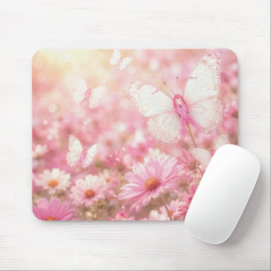 Pink Breast Cancer Ribbon Butterflies in Garden Mouse Mat