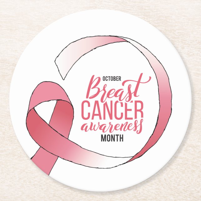 Pink Breast Cancer Ribbon Drawing BCA Month Round Paper Coaster (Front)