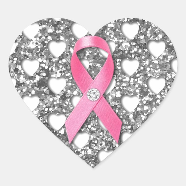Pink Breast Cancer Ribbon Silver Glitter Look Heart Sticker (Front)