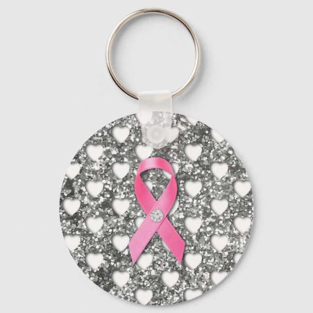 Pink Breast Cancer Ribbon Silver Glitter Look Key Ring (Front)