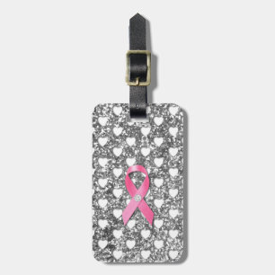 Pink Breast Cancer Ribbon Silver Glitter Look Luggage Tag