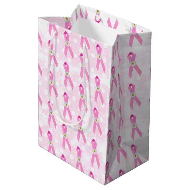 Pink Breast Cancer Survivor Ribbons and Daisies Medium Gift Bag (Back Angled)