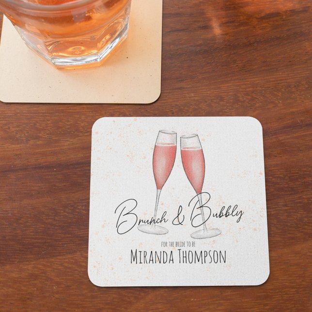 Pink Bridal Shower Brunch and Bubbly Square Paper Coaster (Brunch and Bubbly calligraphy paper coaster)
