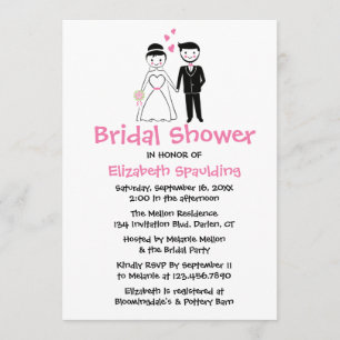 Pink Bridal Shower Cartoon Bride & Groom Wedding Invitation