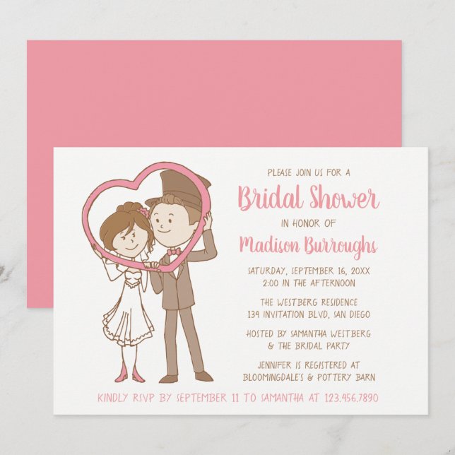 Pink Bridal Shower Cartoon Brown Bride Groom Heart Invitation (Front/Back)
