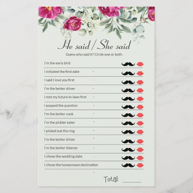 Pink Bridal Shower Game He Said She Said (Front)