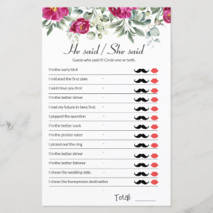 Pink Bridal Shower Game He Said She Said